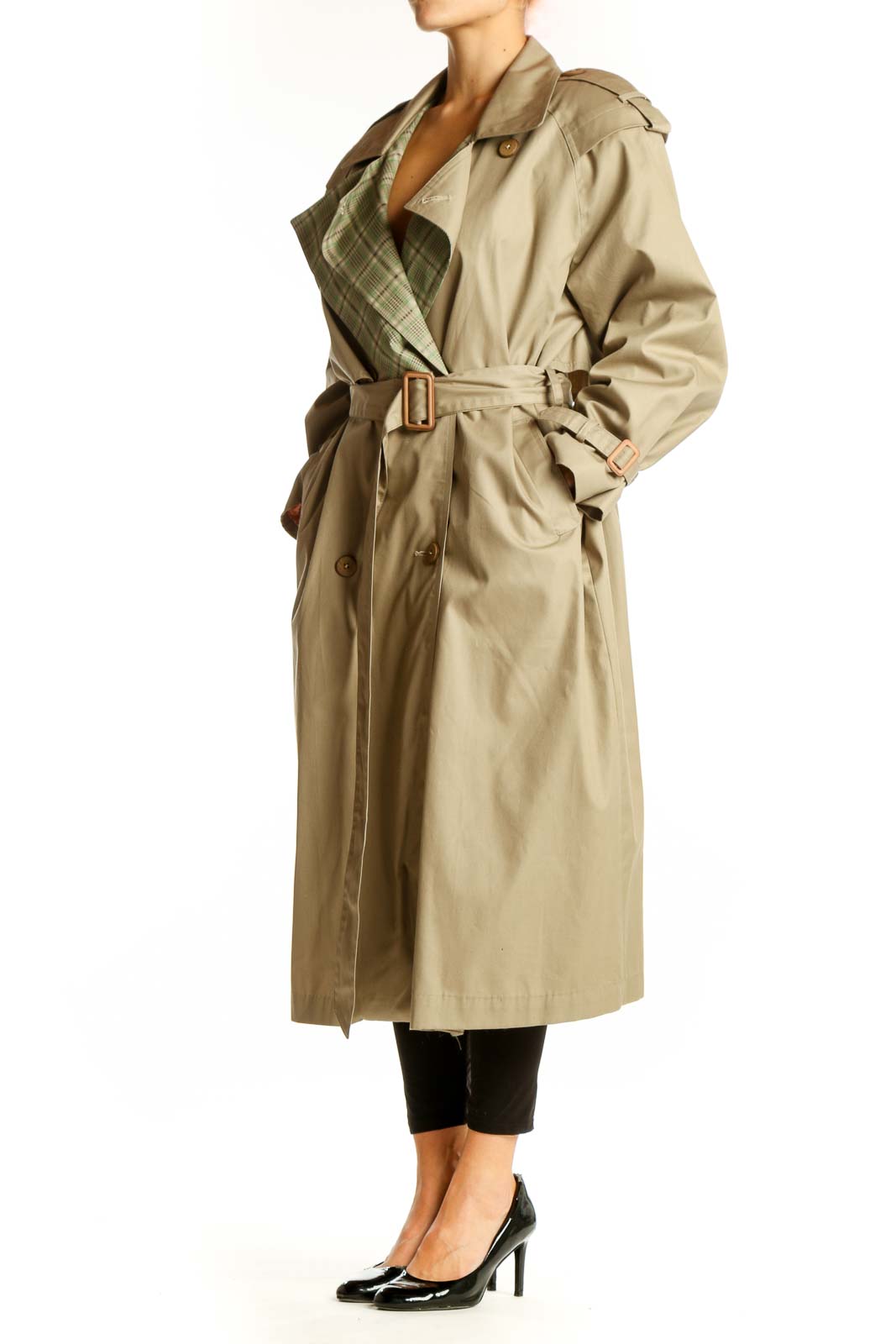 Front view of SilkRoll beige trench coat with green plaid lining