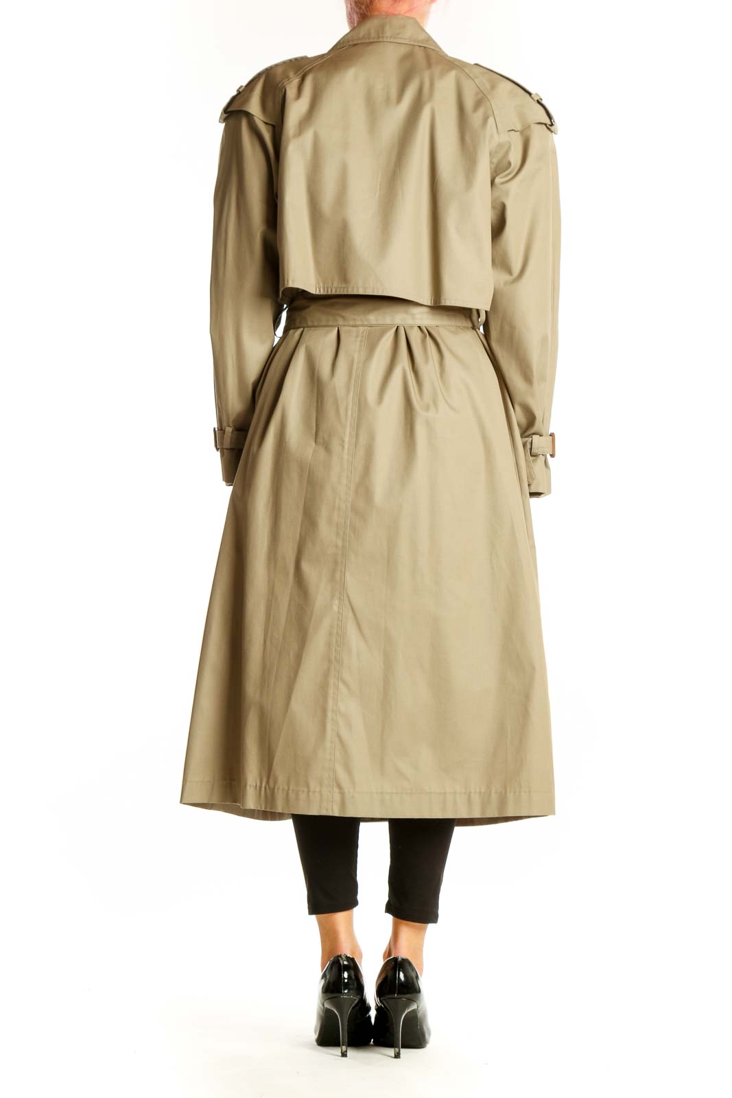 Side view of SilkRoll beige trench coat showing length and belt