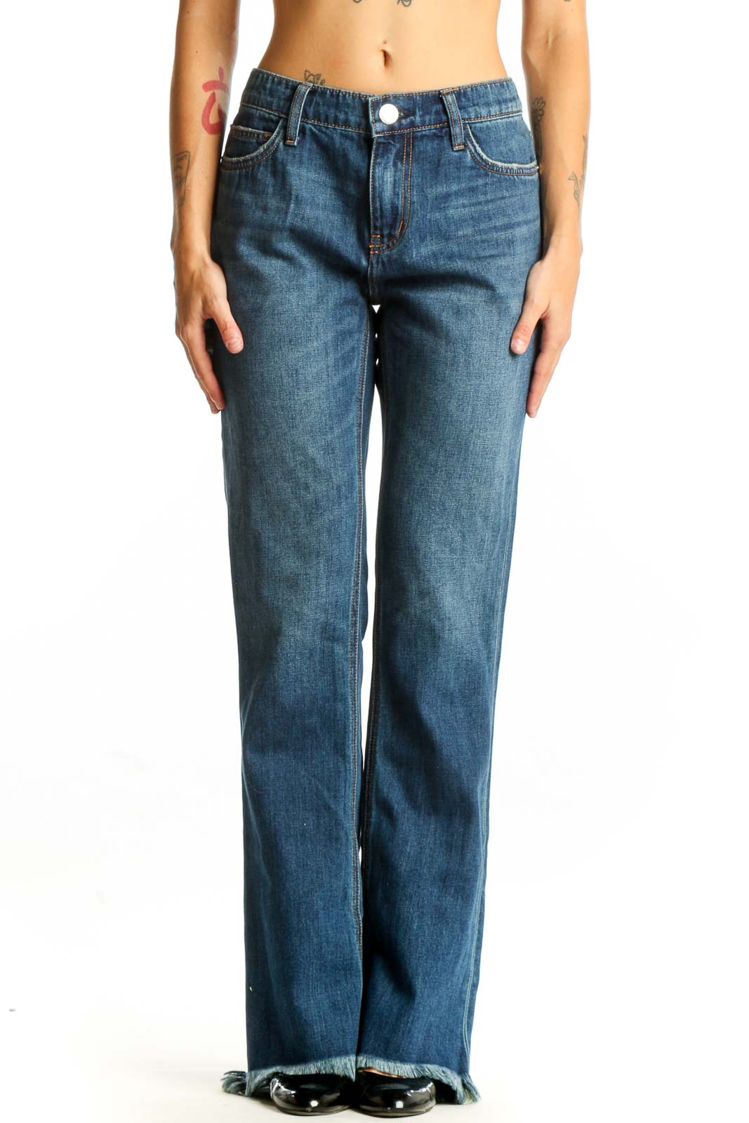 Front view of C/E Current/Elliott blue wide-leg jeans with frayed hem