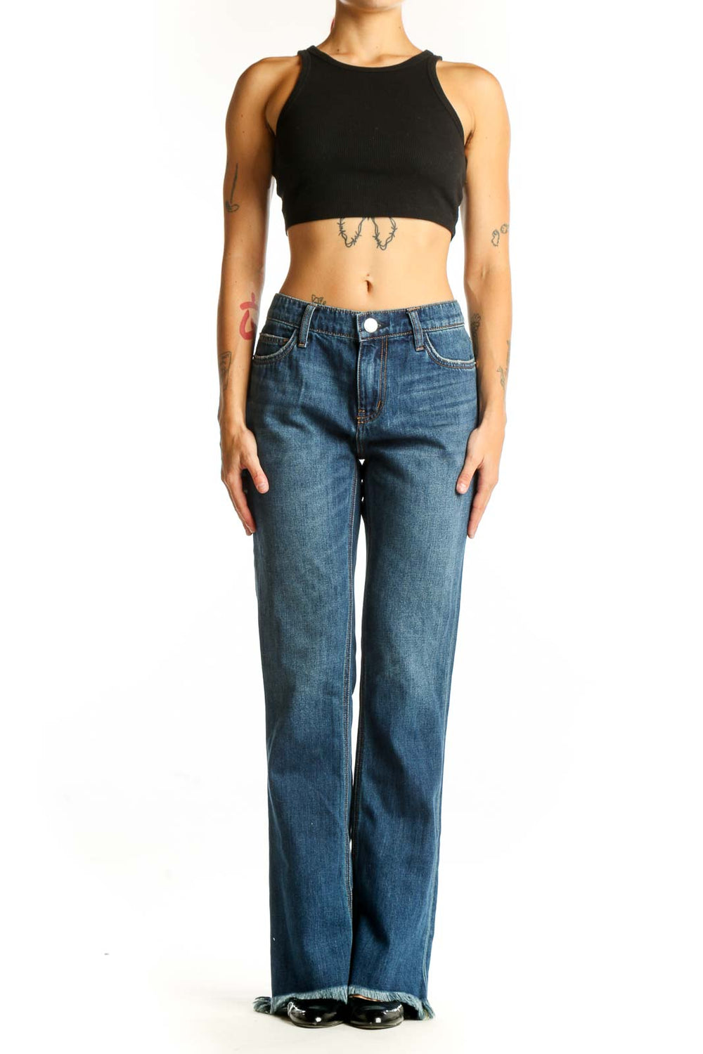Front view of C/E Current/Elliott blue wide-leg jeans with frayed hem