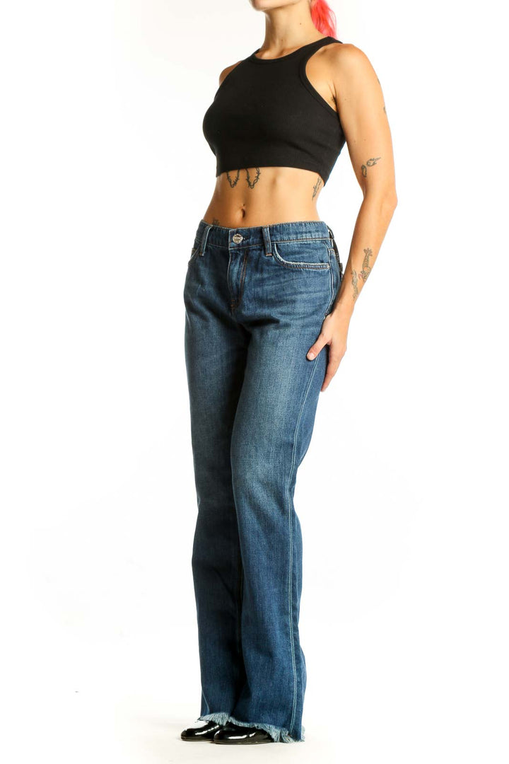 Front view of C/E Current/Elliott blue wide-leg jeans with frayed hem