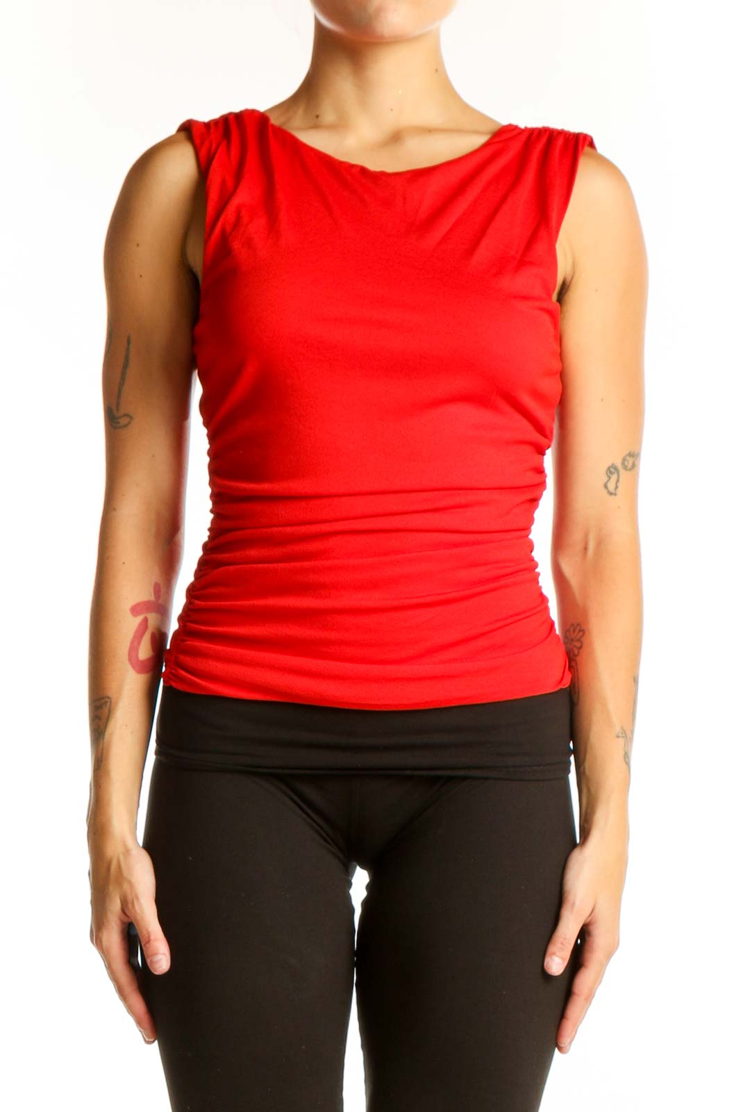 Front view of red sleeveless ruched top from Zara