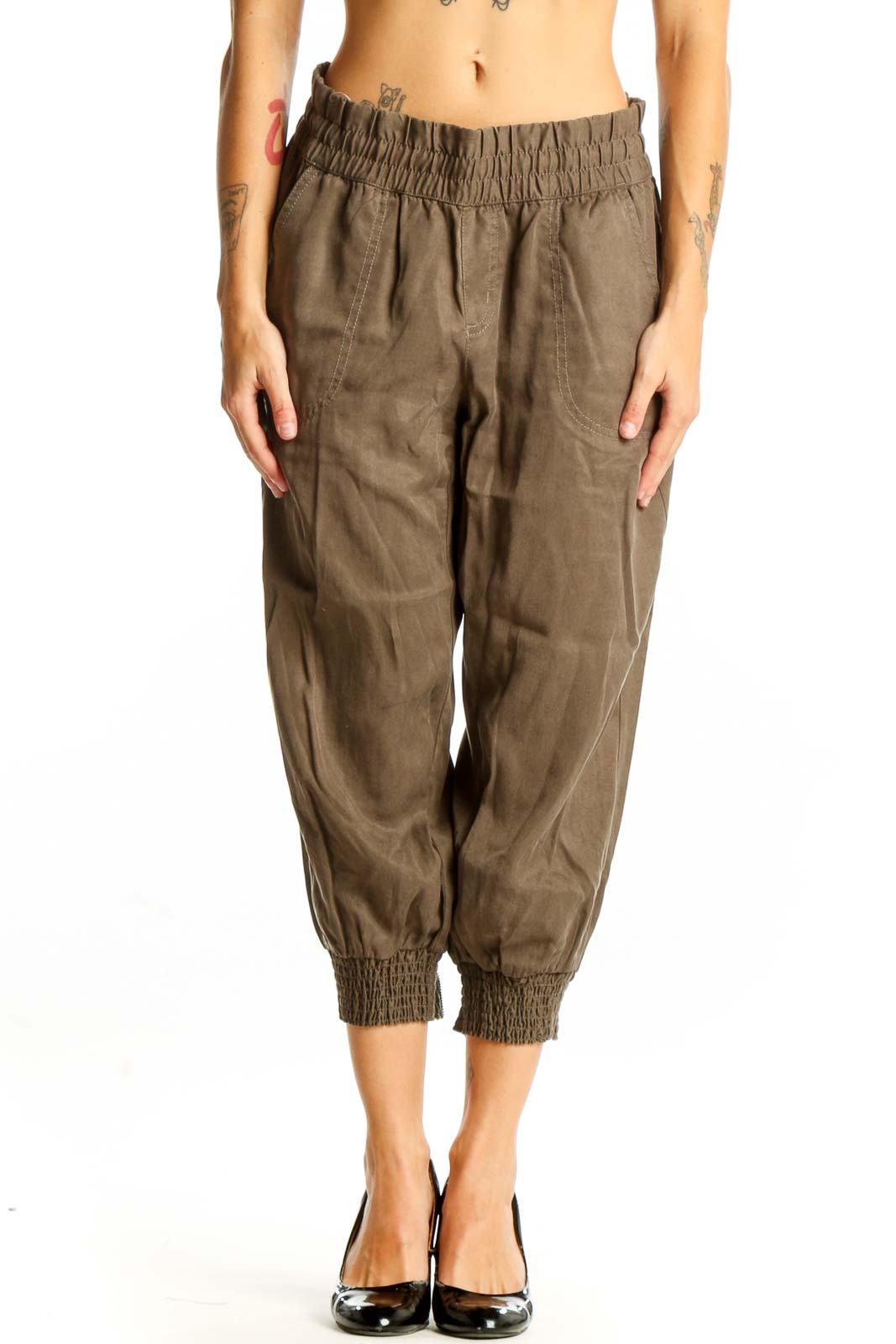 Front view of olive Athleta Lyocell cropped jogger pants