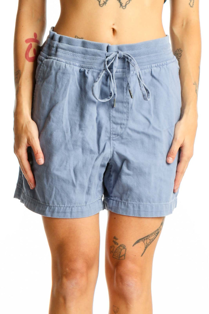 Front view of light blue Orvis casual shorts with drawstring waist