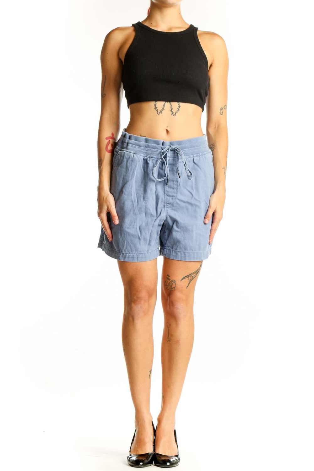 Front view of light blue Orvis casual shorts with drawstring waist