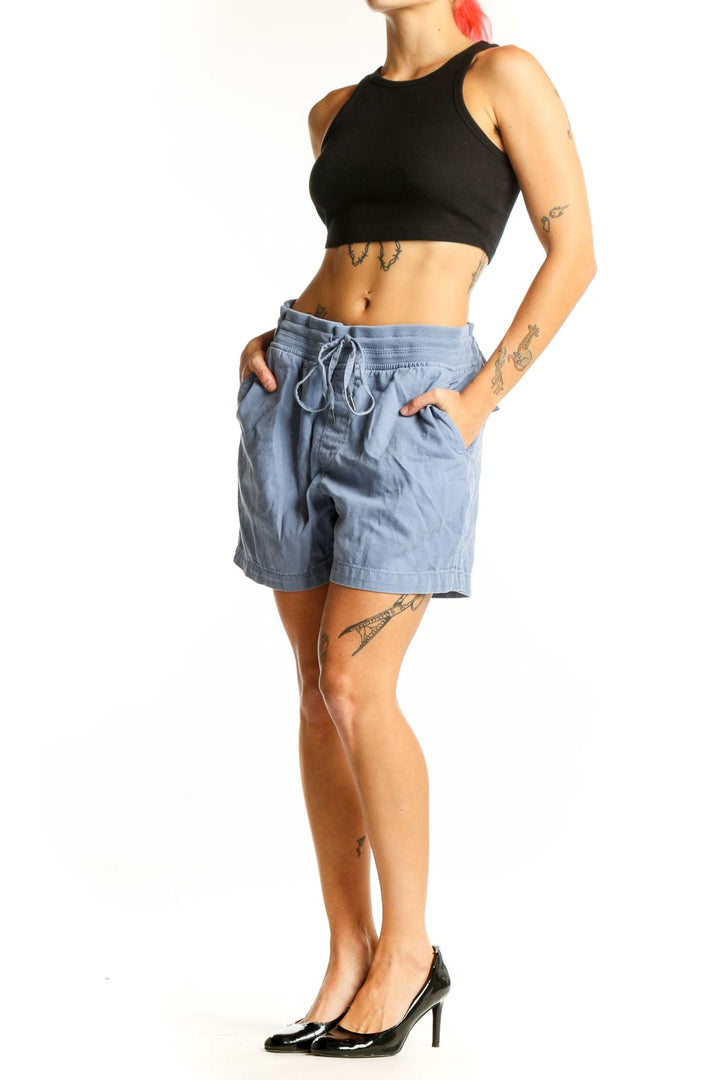 Front view of light blue Orvis casual shorts with drawstring waist