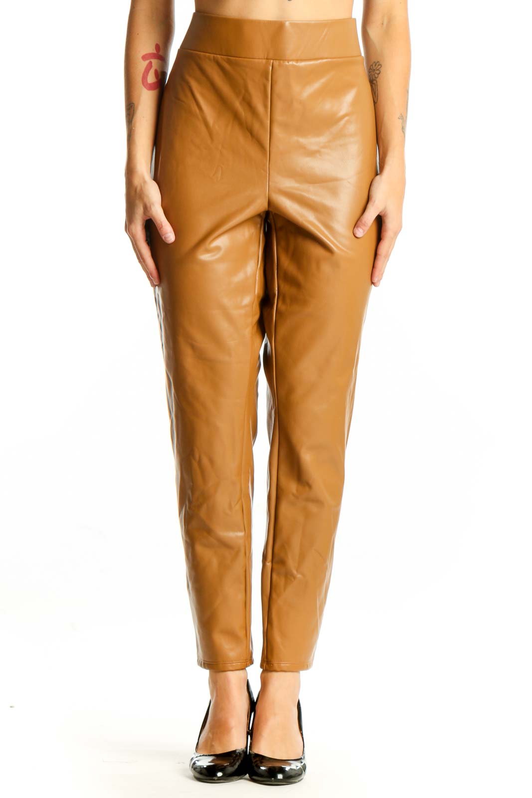 Front view of LOFT camel faux leather high-waisted pants