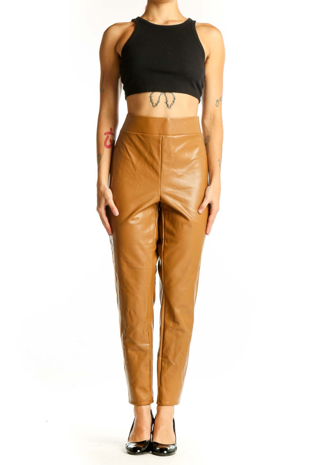 Front view of LOFT camel faux leather high-waisted pants