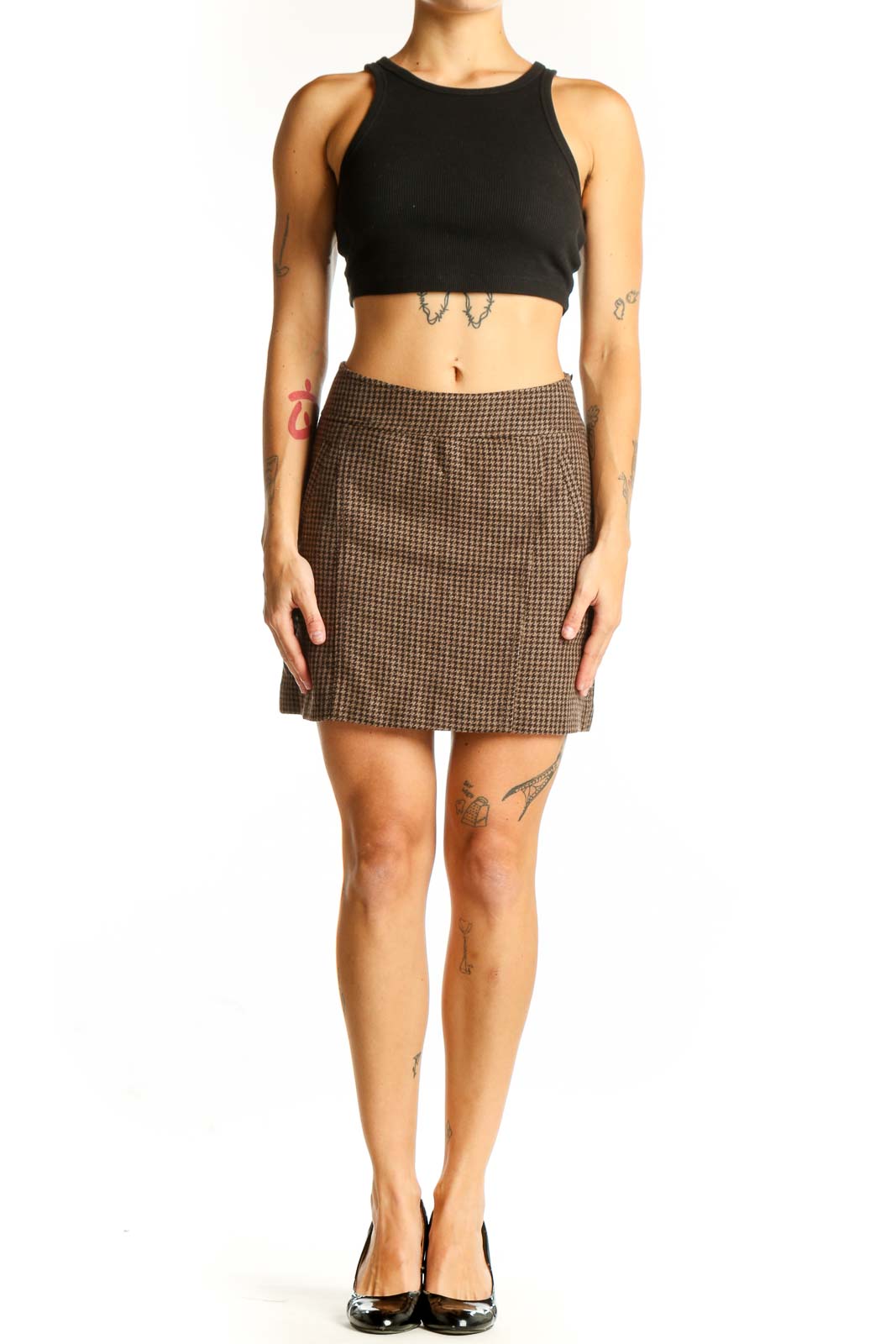 Front view of brown houndstooth mini skirt from The Limited