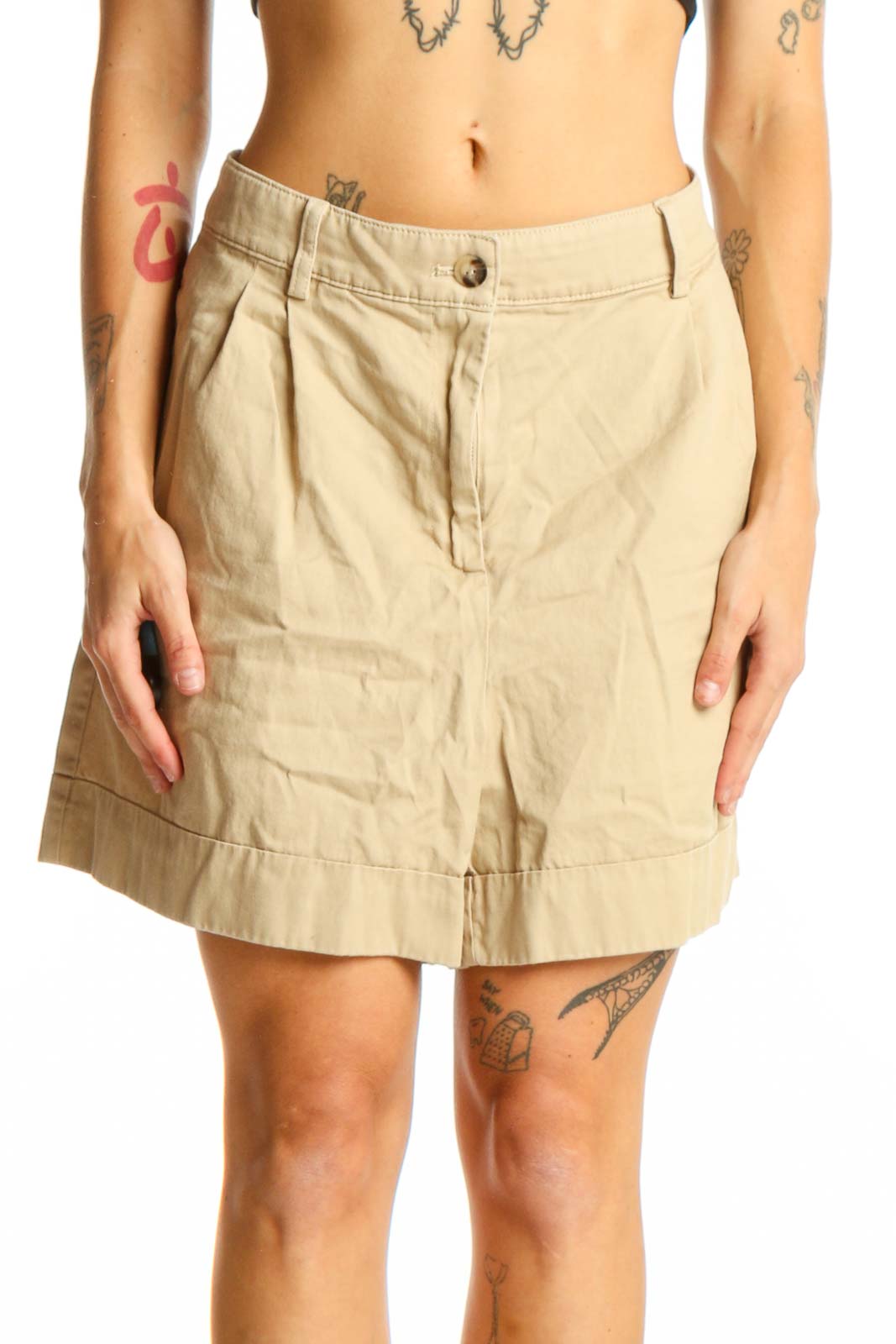 Front view of J.Crew beige cotton pleated shorts