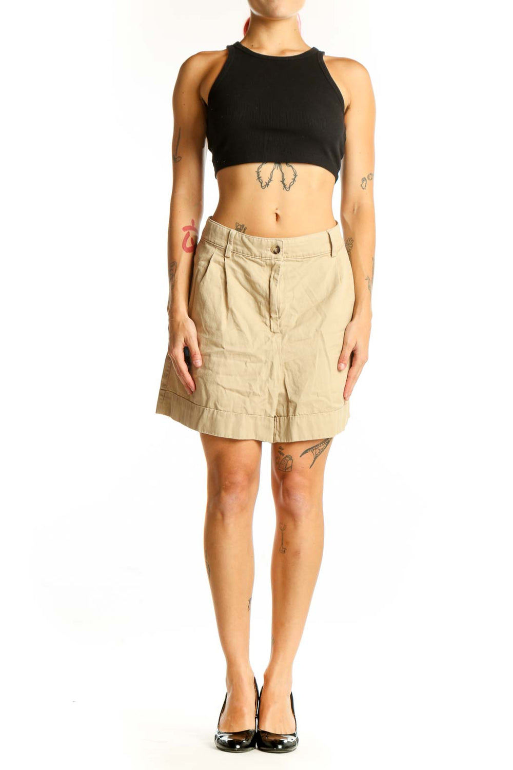 Front view of J.Crew beige cotton pleated shorts