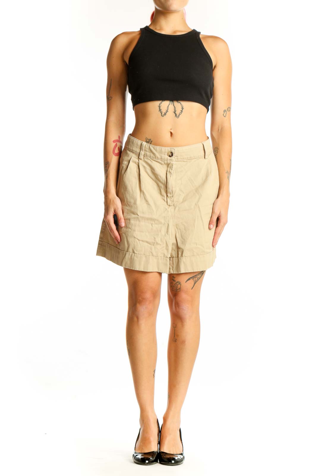 Front view of J.Crew beige cotton pleated shorts
