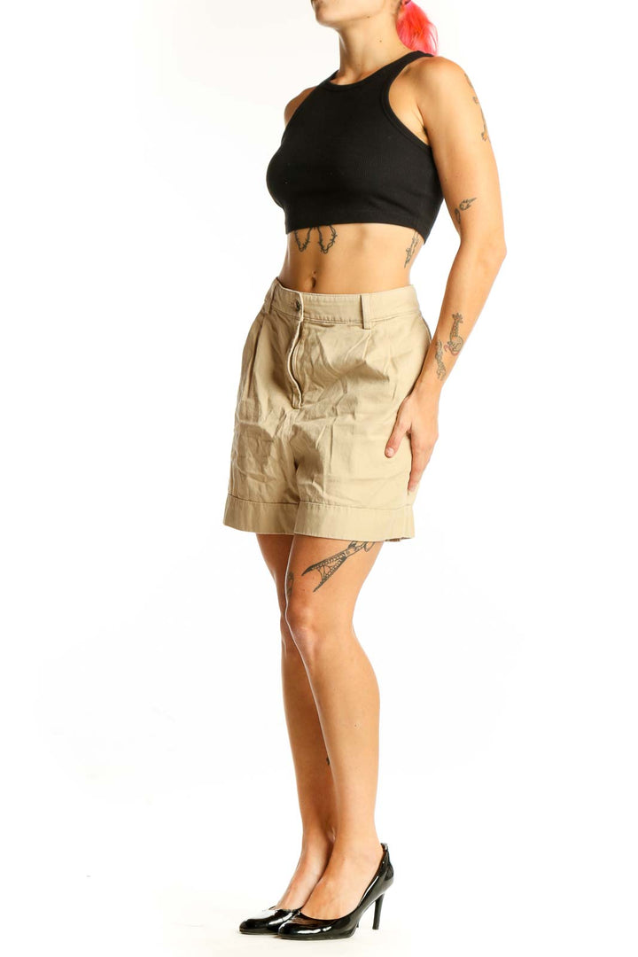 Front view of J.Crew beige cotton pleated shorts
