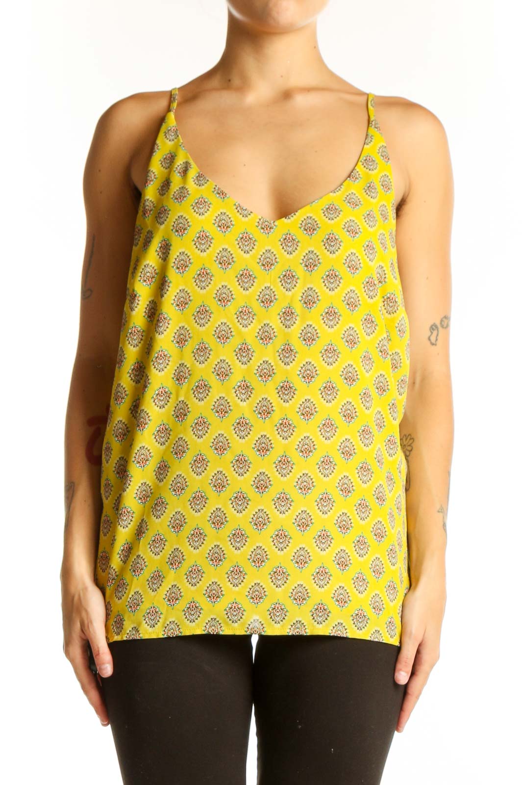 Front view of yellow patterned camisole top from Banana Republic