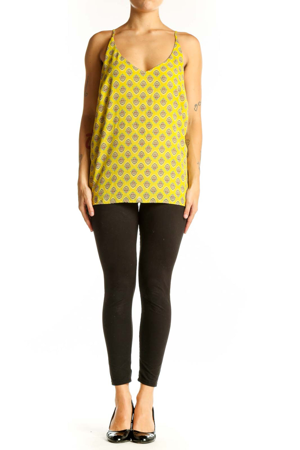 Front view of yellow patterned camisole top from Banana Republic