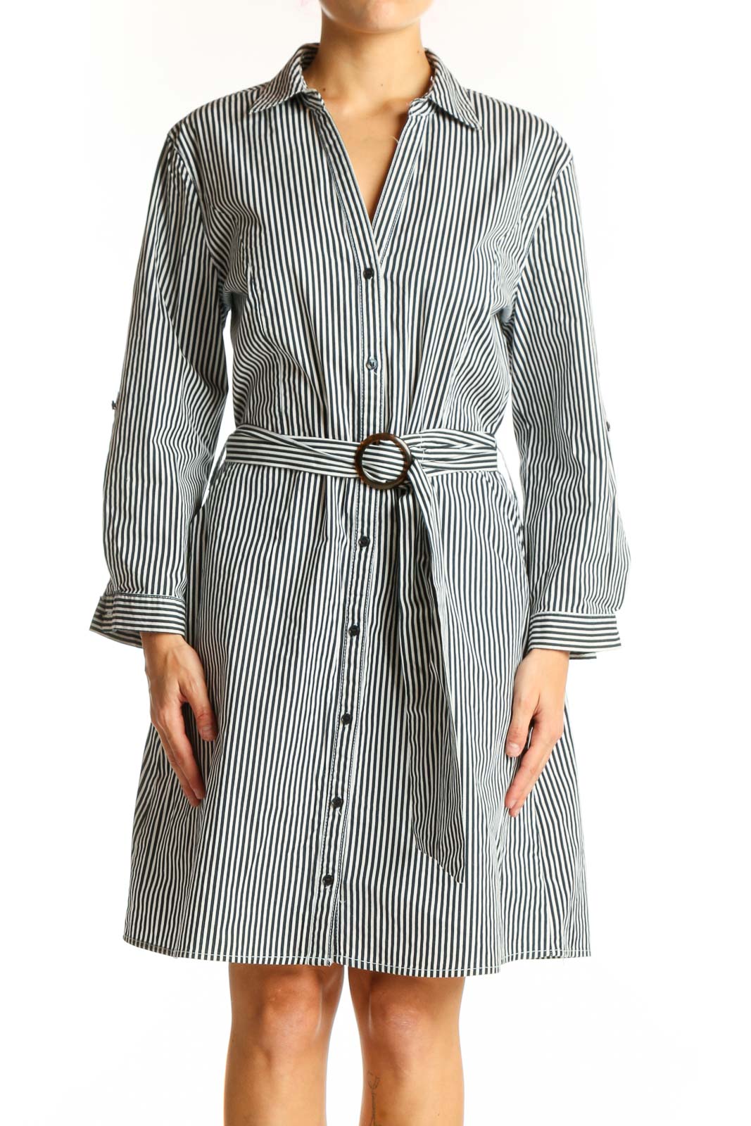 Front view of Mango black and white striped cotton shirt dress with belt