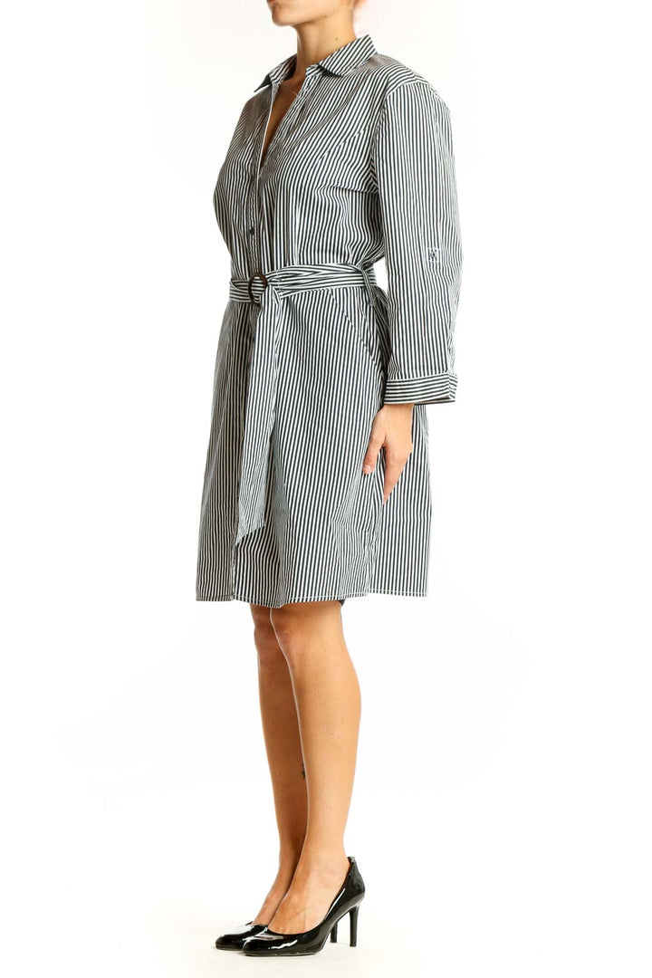 Front view of Mango black and white striped cotton shirt dress with belt