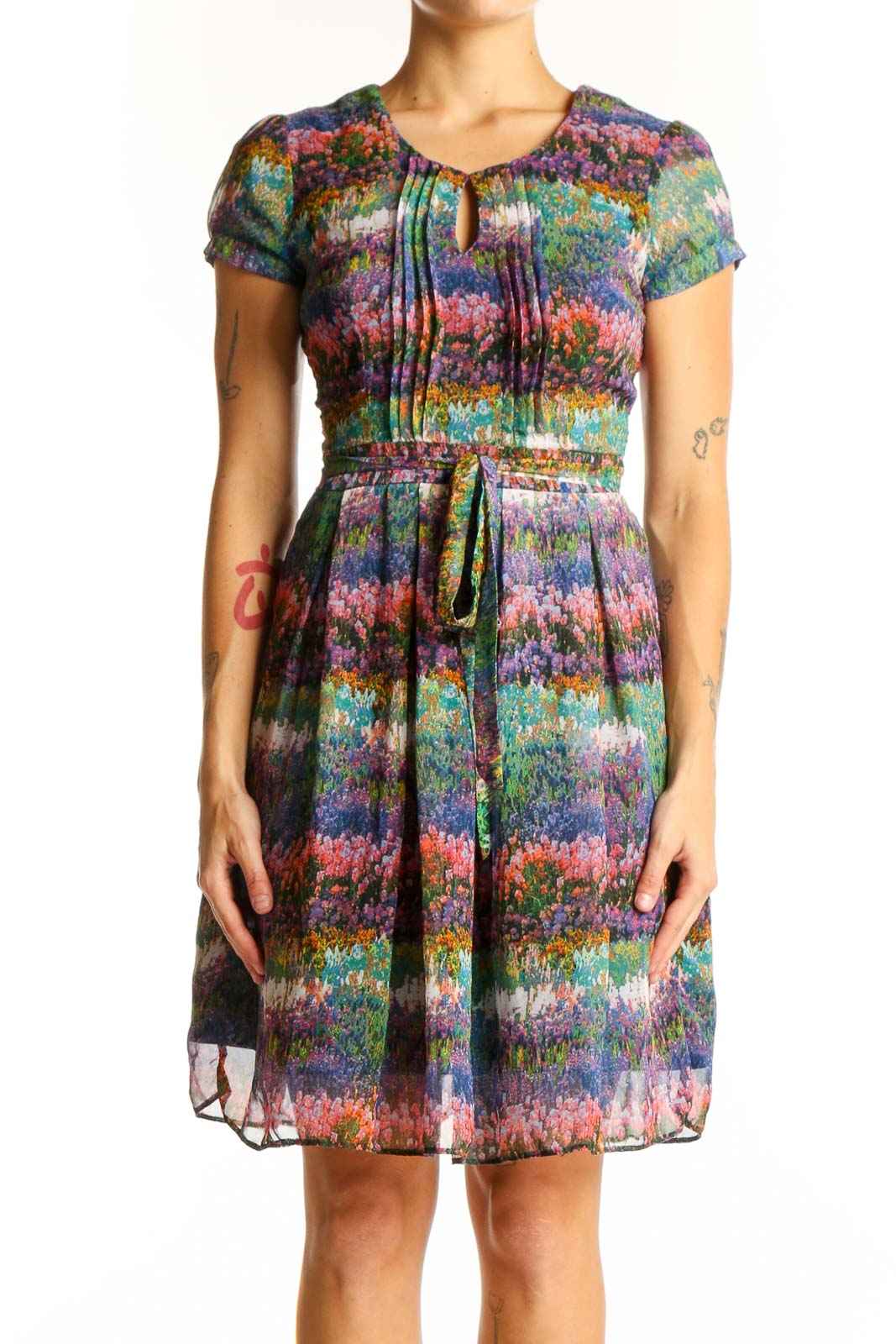 Front view of Dorothy Perkins multicolor floral print pleated dress with waist belt