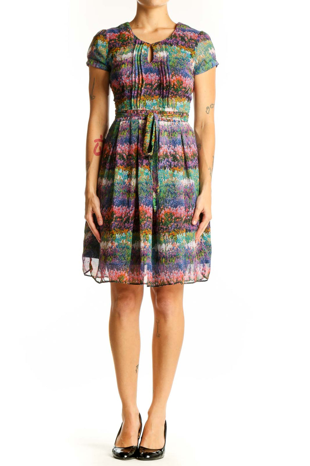 Front view of Dorothy Perkins multicolor floral print pleated dress with waist belt