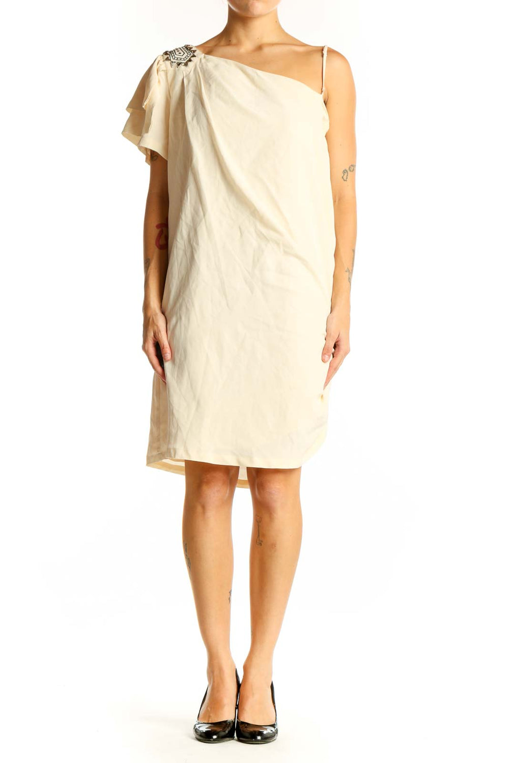 Front view of cream one-shoulder cocktail dress with embellished flutter sleeve