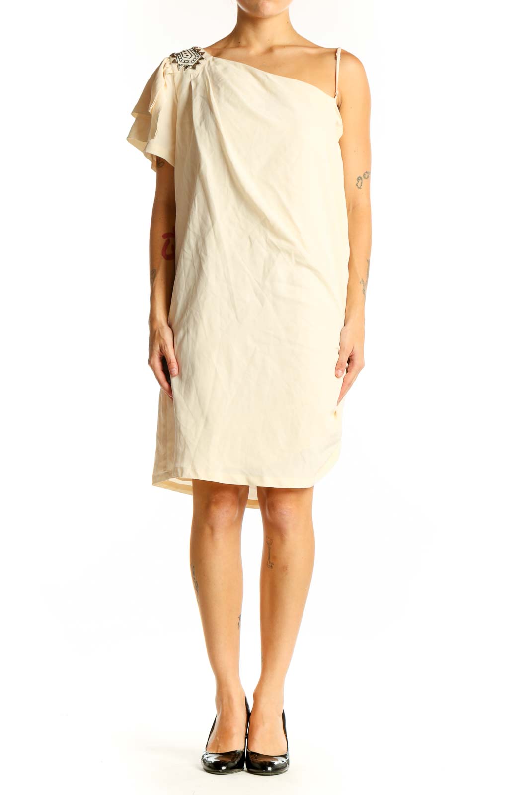 Front view of cream one-shoulder cocktail dress with embellished flutter sleeve