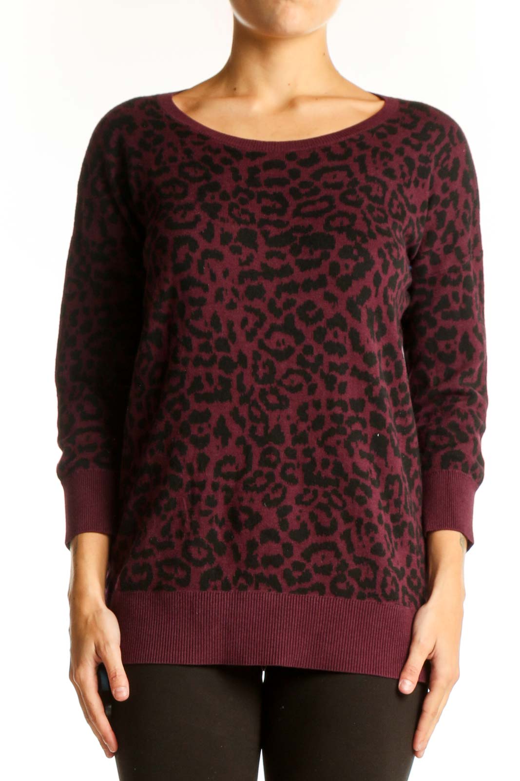 Front view of Banana Republic Burgundy Leopard Print Knit Sweater