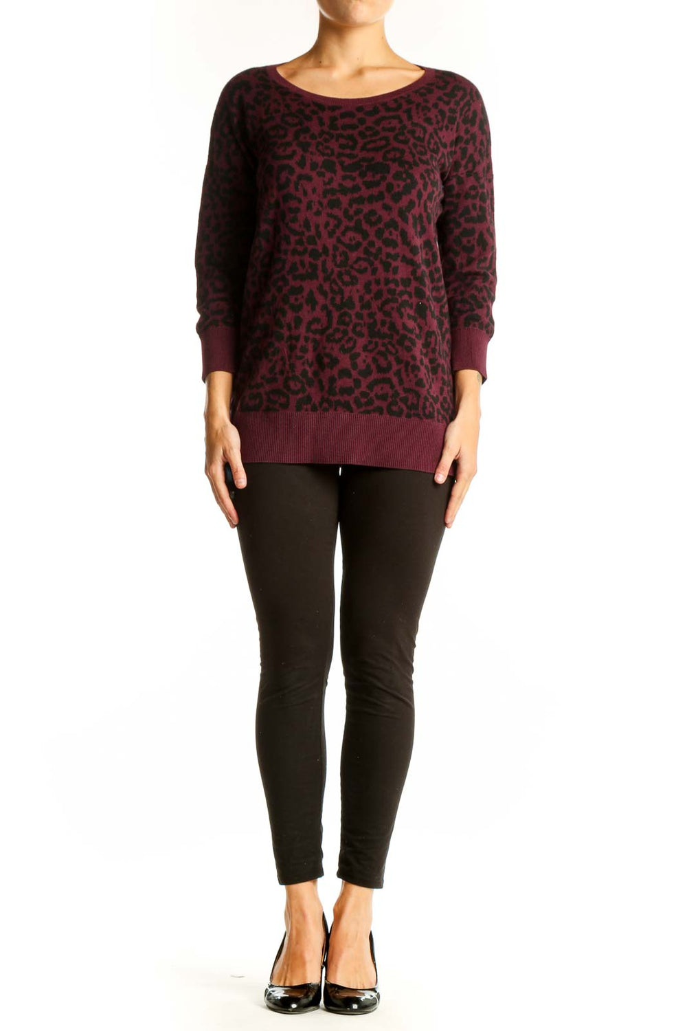 Front view of Banana Republic Burgundy Leopard Print Knit Sweater