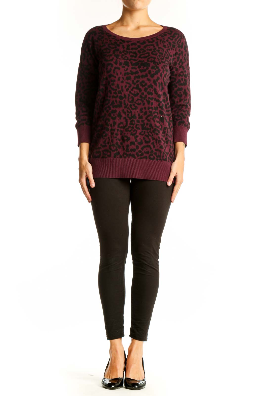Front view of Banana Republic Burgundy Leopard Print Knit Sweater