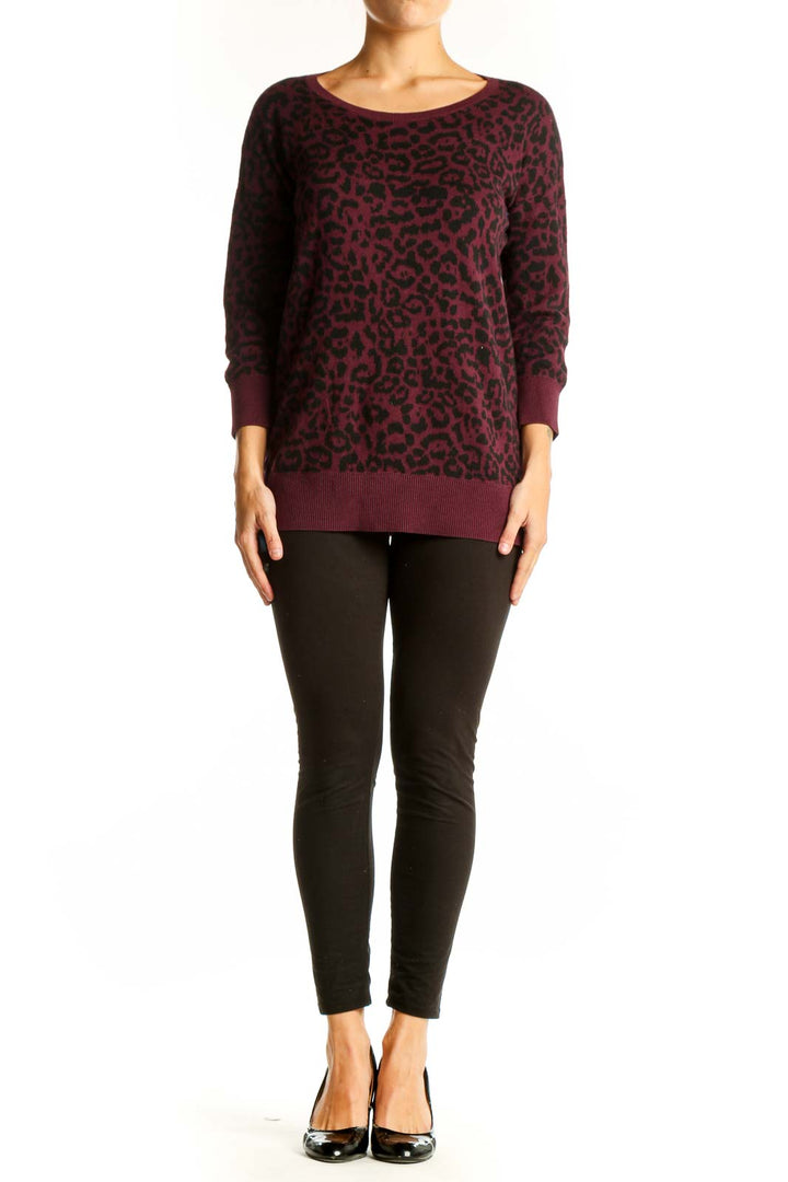 Front view of Banana Republic Burgundy Leopard Print Knit Sweater