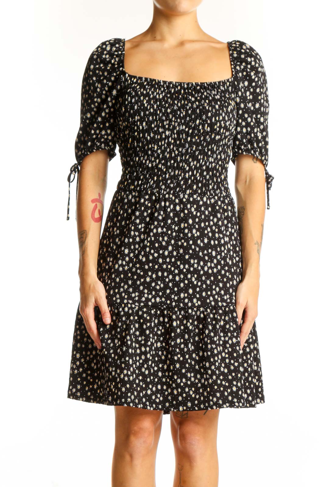 Front view of Topshop black floral print dress with puff sleeves and square neckline
