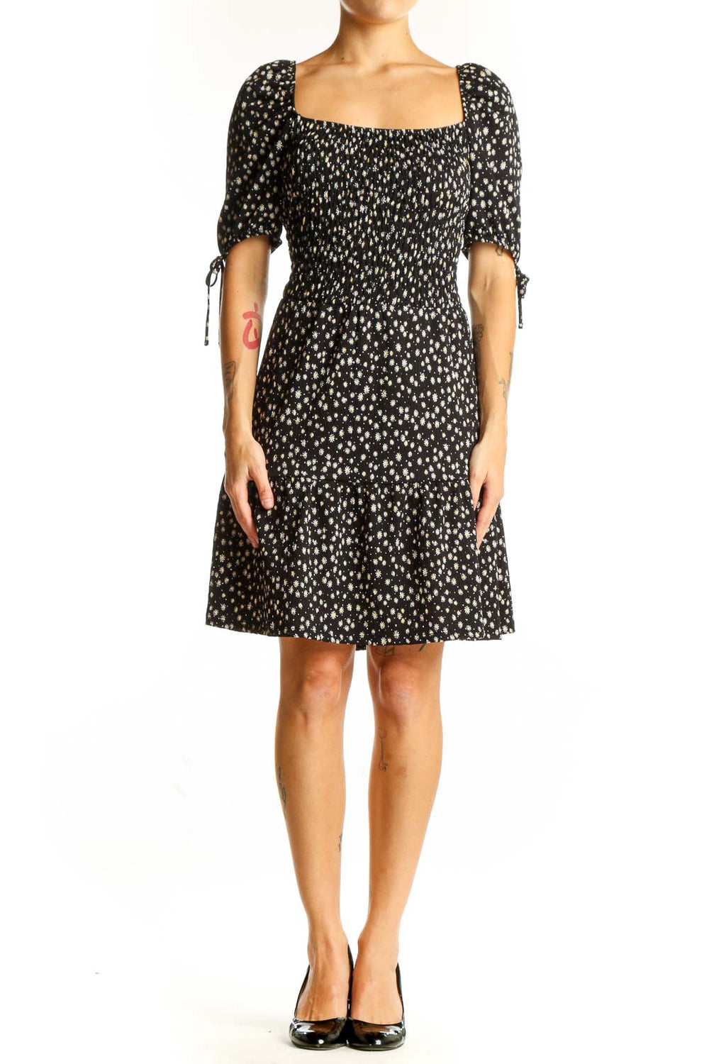 Front view of Topshop black floral print dress with puff sleeves and square neckline