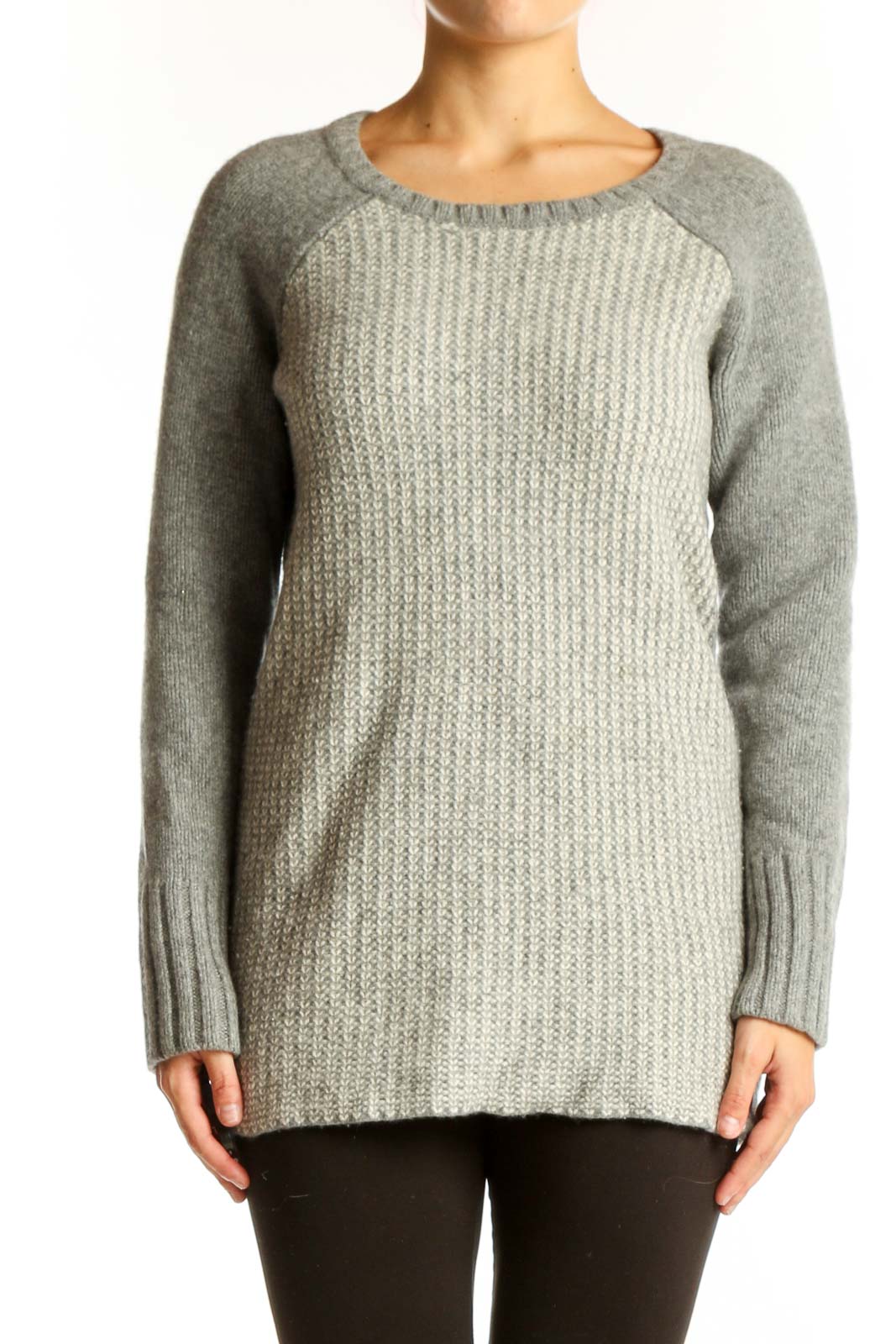 Front view of gray Athleta cashmere wool blend sweater with ribbed texture