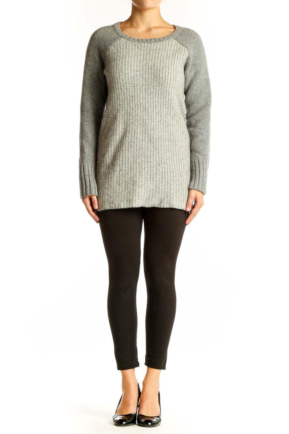 Front view of gray Athleta cashmere wool blend sweater with ribbed texture