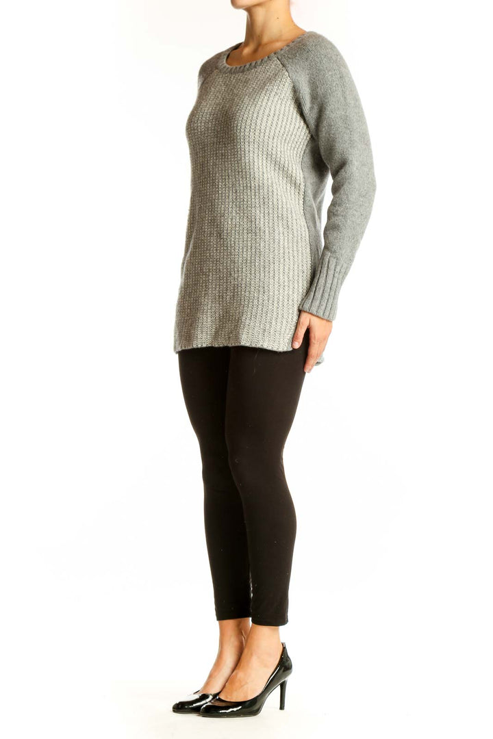 Front view of gray Athleta cashmere wool blend sweater with ribbed texture