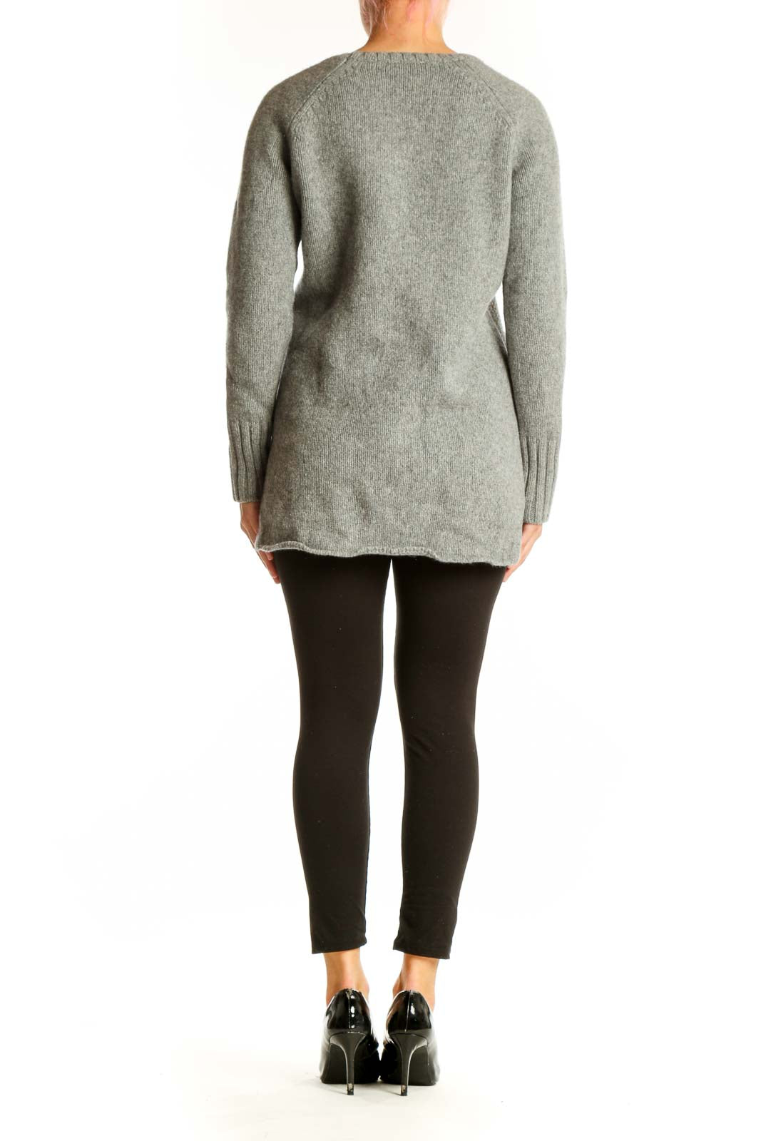 Side view of gray Athleta cashmere wool blend sweater on model