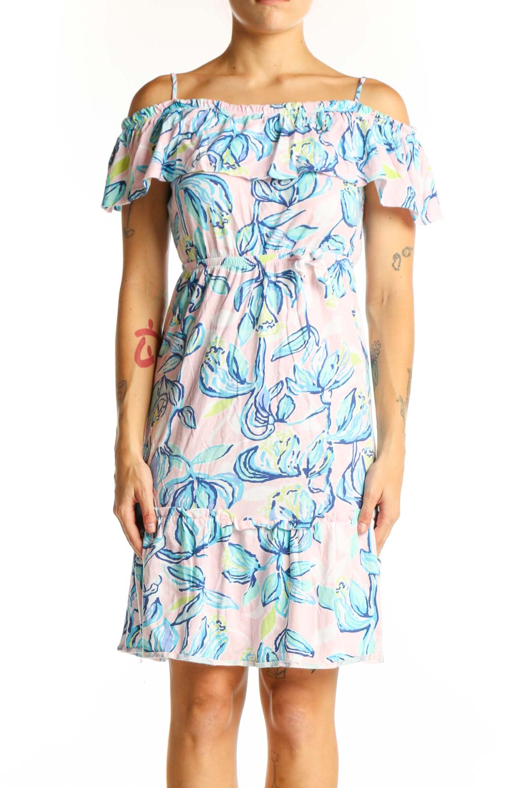 Front view of Lilly Pulitzer blue floral off-shoulder dress