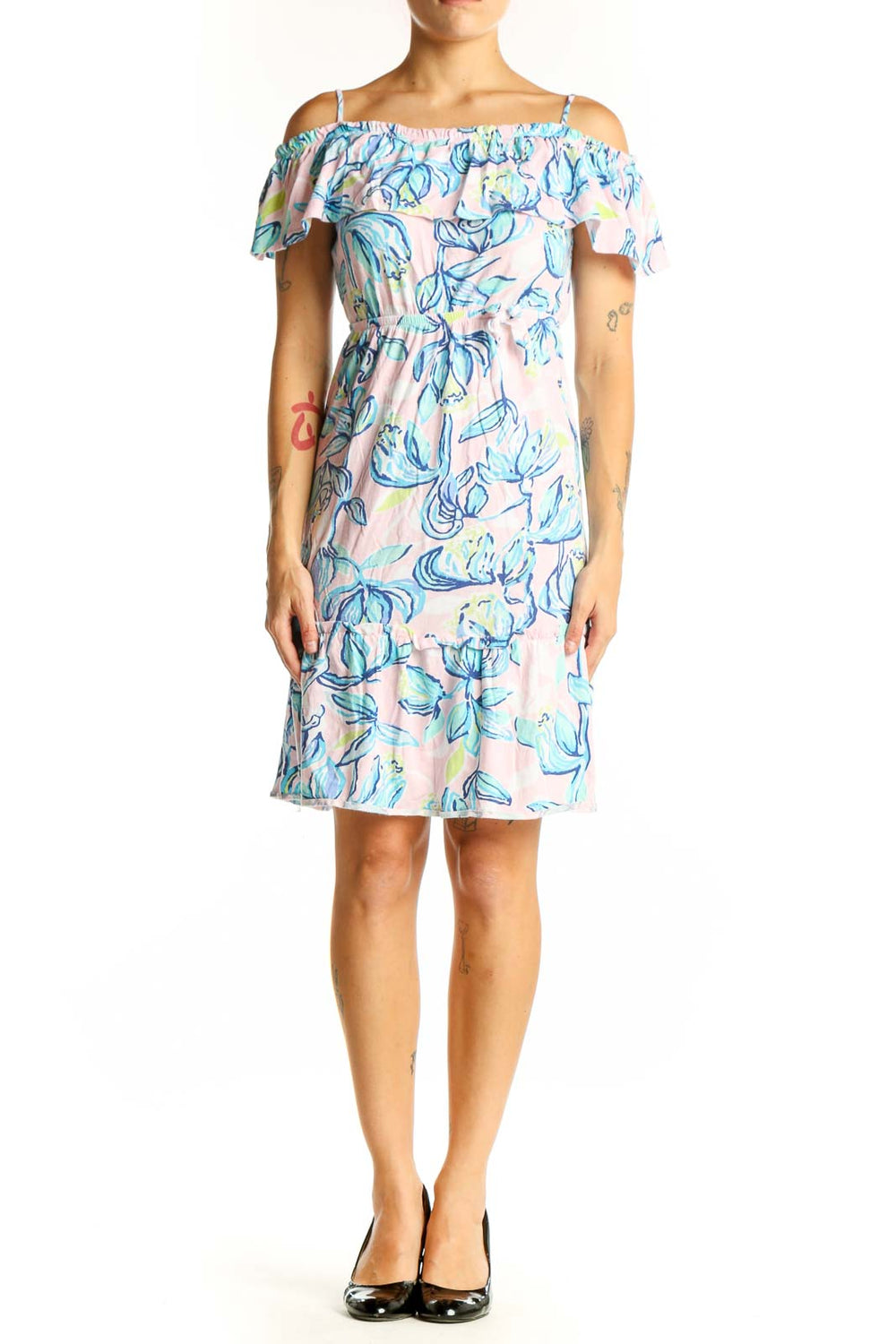 Front view of Lilly Pulitzer blue floral off-shoulder dress