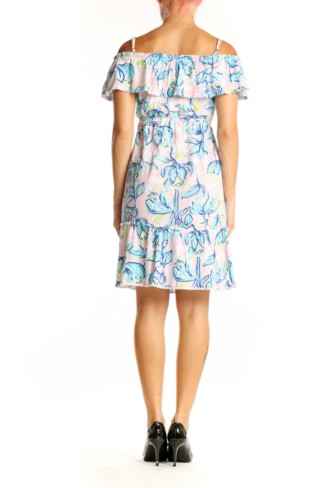 Side view of Lilly Pulitzer blue floral off-shoulder dress on model