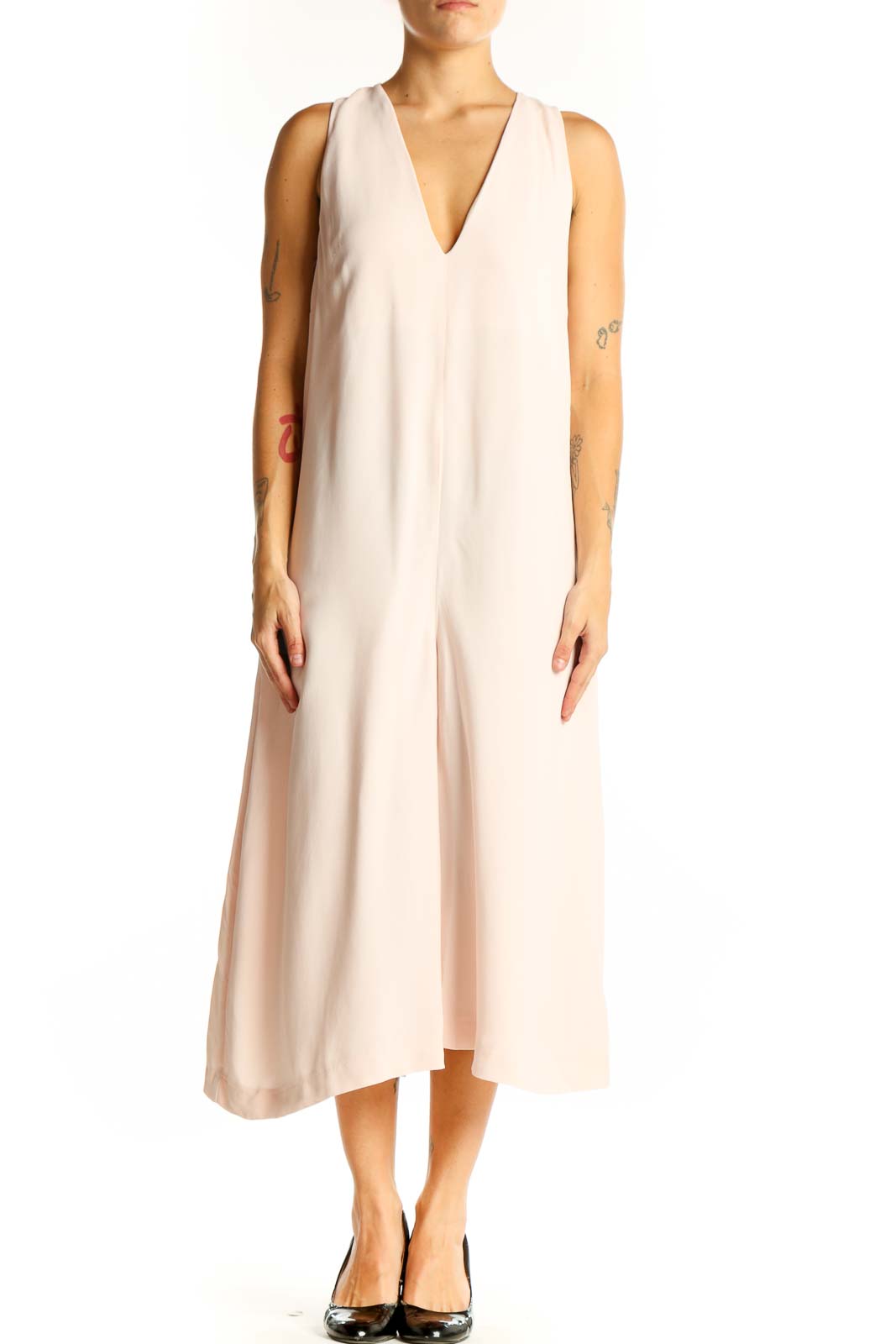 Front view of French Connection blush sleeveless V-neck midi jumpsuit