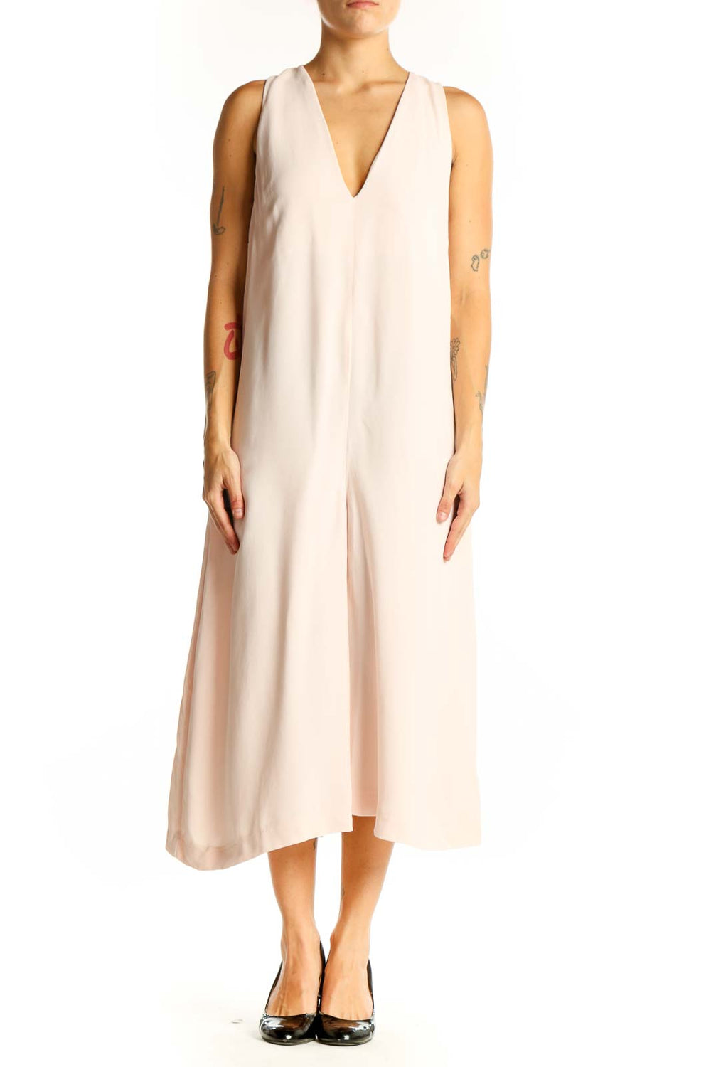 Front view of French Connection blush sleeveless V-neck midi jumpsuit