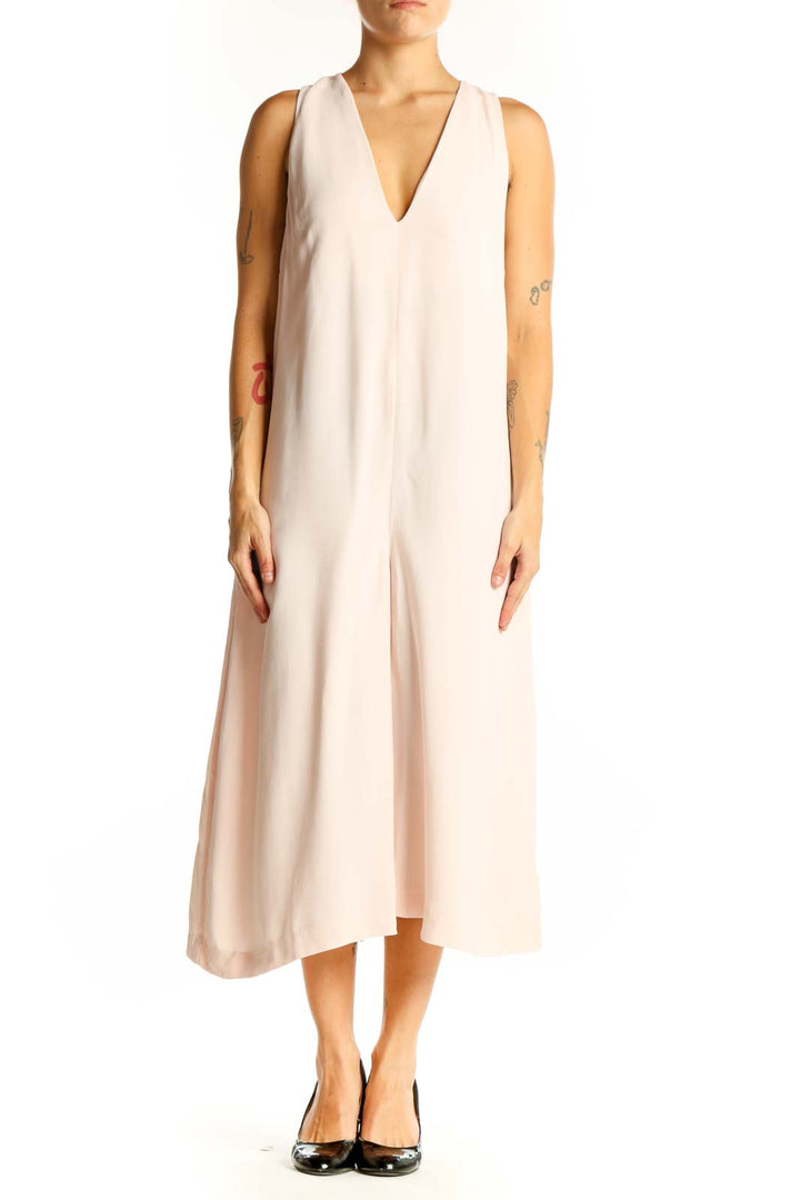 Front view of French Connection blush sleeveless V-neck midi jumpsuit