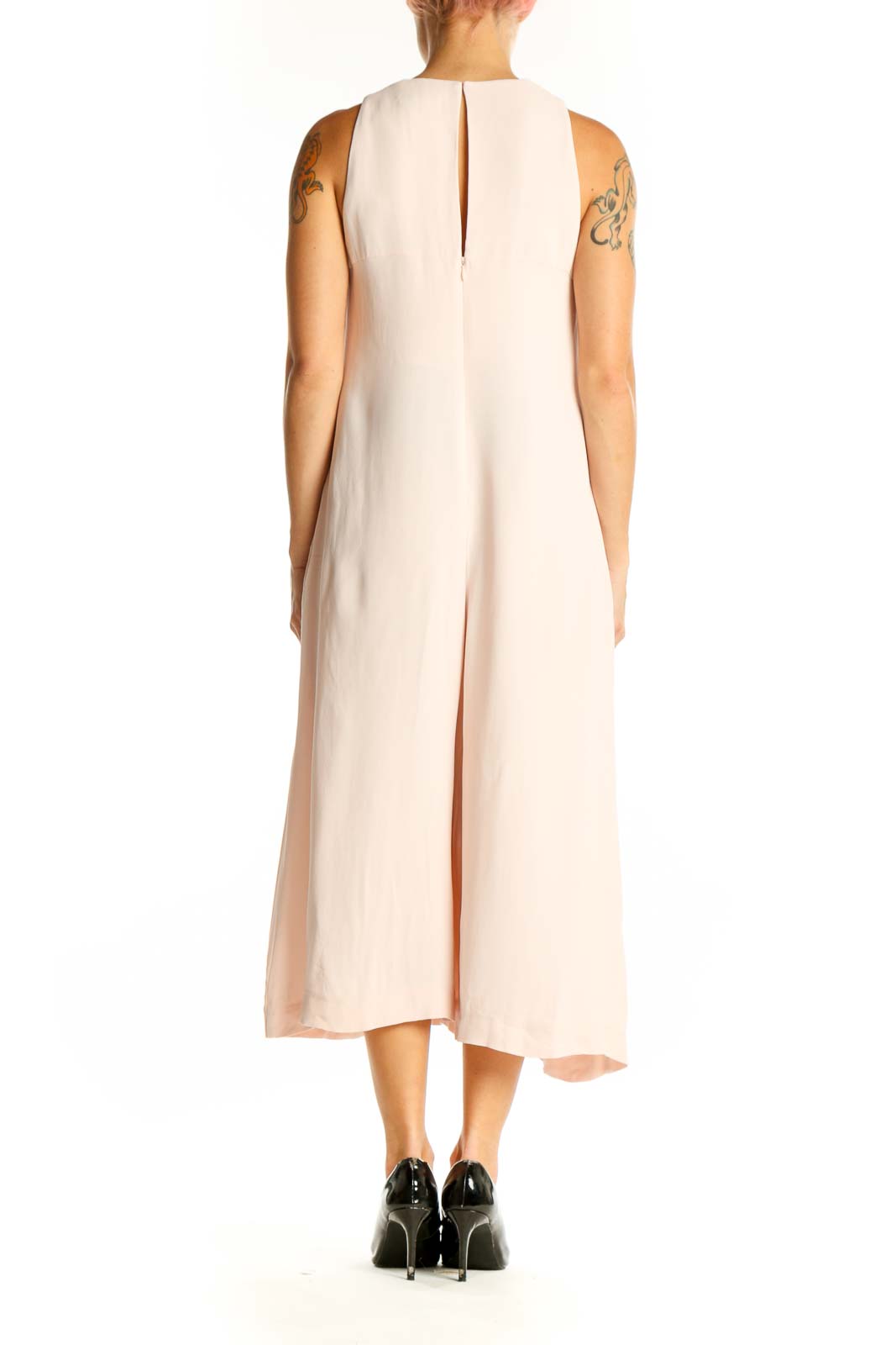 Side view of French Connection blush sleeveless V-neck midi jumpsuit