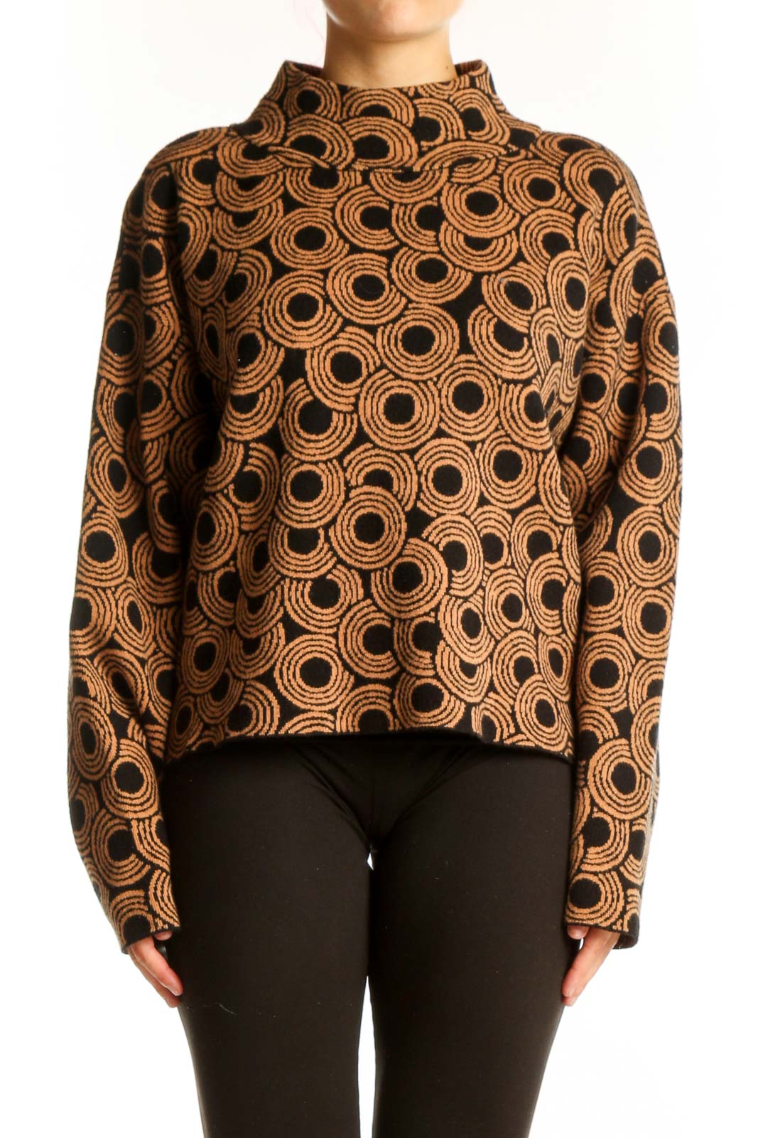 Front view of brown circular pattern mock neck sweater by Maeve
