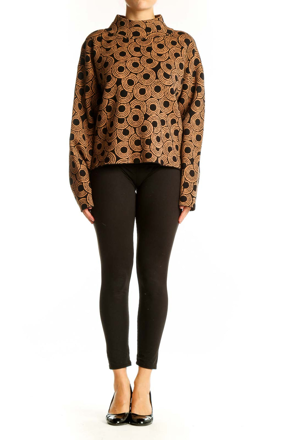 Front view of brown circular pattern mock neck sweater by Maeve