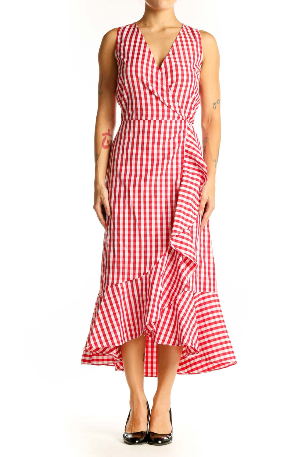 Front view of red and white gingham wrap midi dress with V-neck and ruffle details