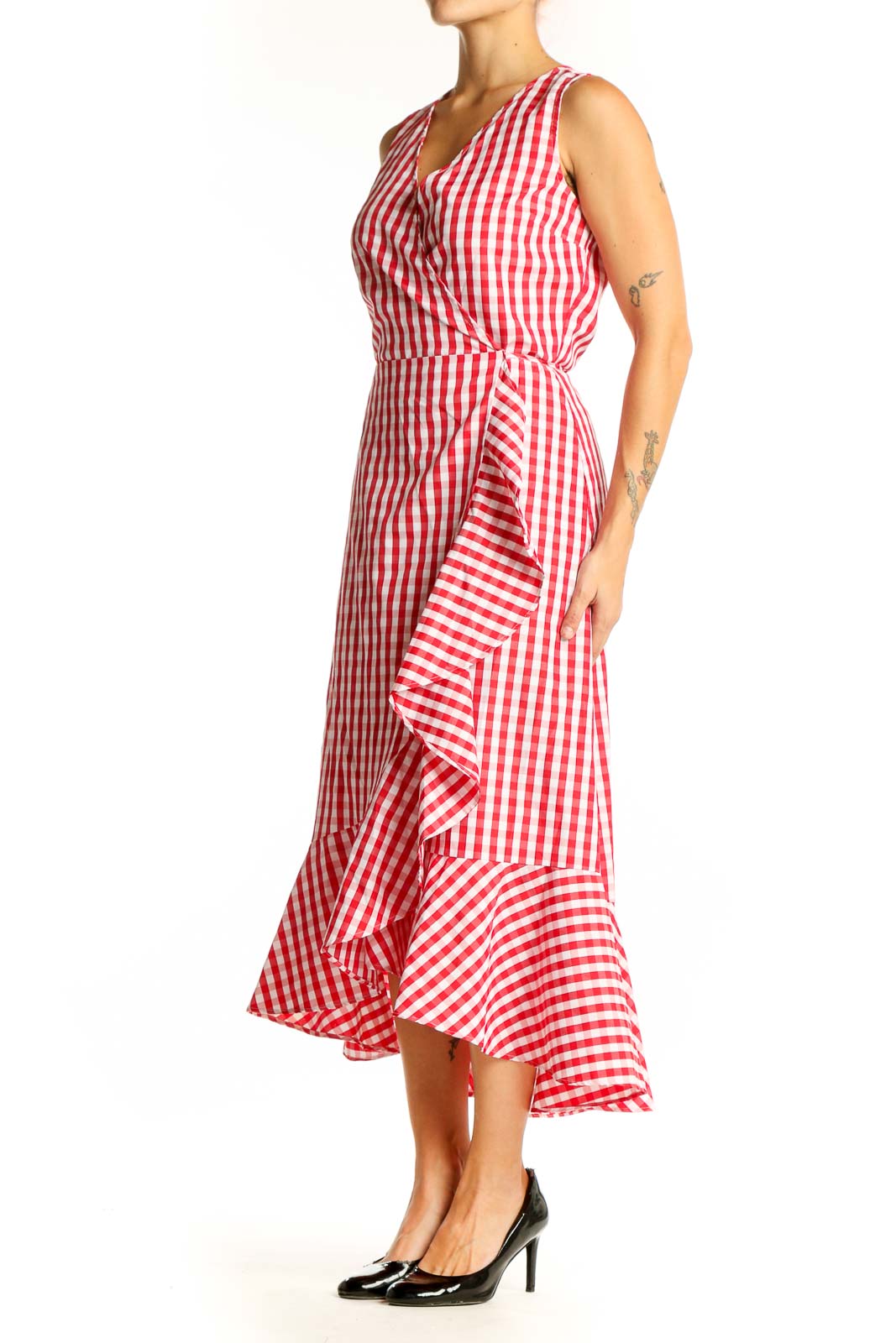 Front view of red and white gingham wrap midi dress with V-neck and ruffle details