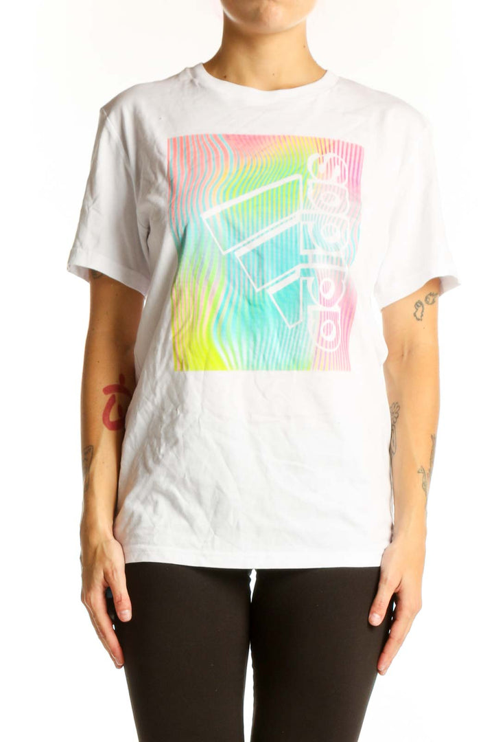 Front view of white Adidas t-shirt with colorful graphic print