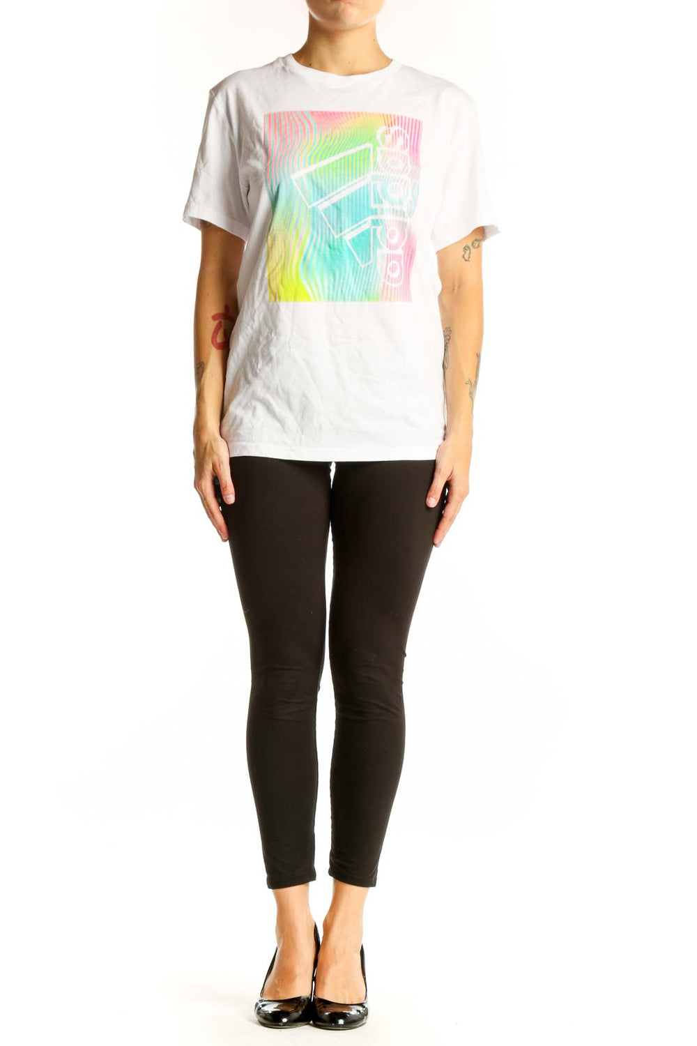 Front view of white Adidas t-shirt with colorful graphic print