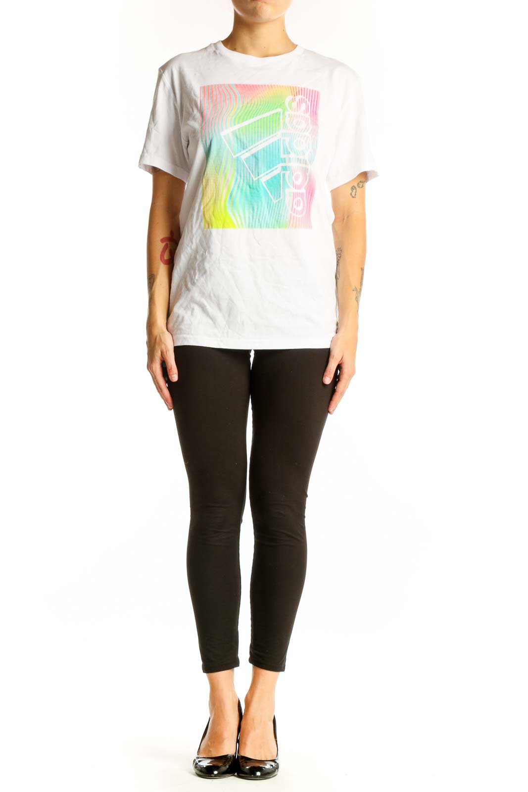 Front view of white Adidas t-shirt with colorful graphic print