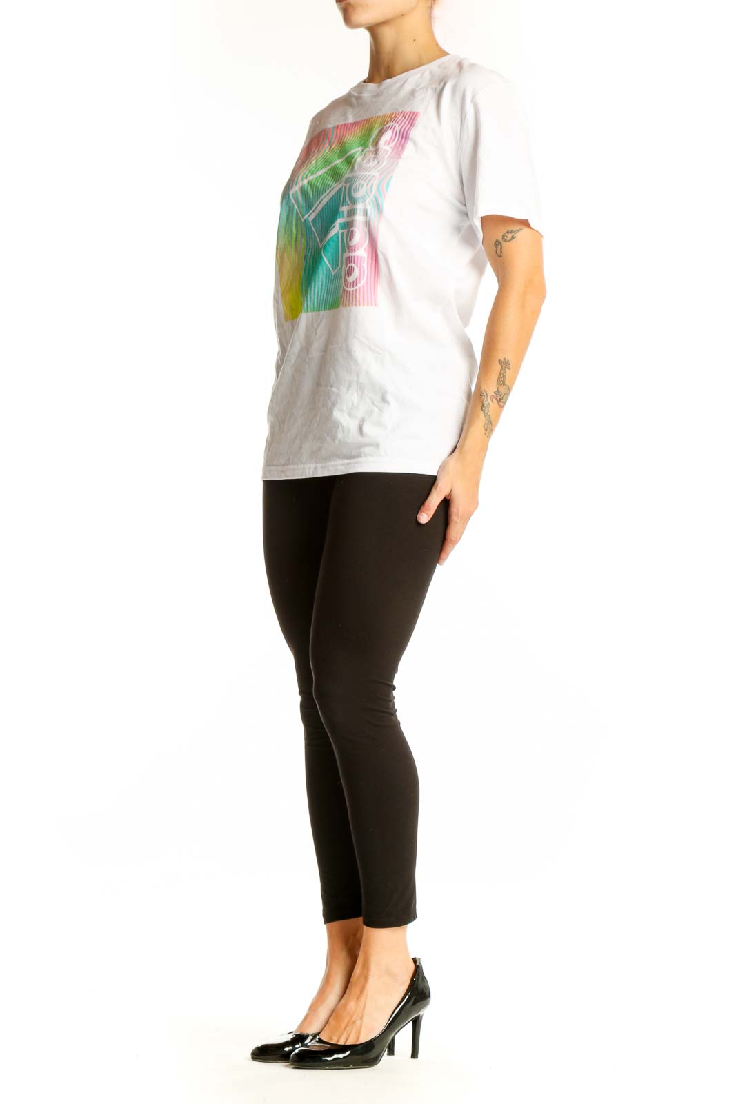 Front view of white Adidas t-shirt with colorful graphic print